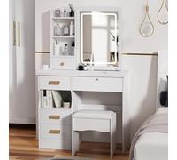 cadciehe White Dressing Table Set with LED Lighting, Dressing Table with Sliding Mirror Vanity Desk Set 5 Drawer Makeup Vanity Table with Cushioned Stool Lighted Vanity for Bedroom Dresser Cosmetic M