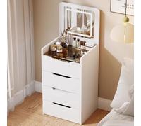 CADEHUB pink vanity Small Vanity Desk with Mirror and Lights 3 In One Vanity Compact Glass Top Makeup Vanity Table with Cushioned Stool Small Dressing Table with 3 Drawers White 23..6L*15.7W*31.4H in