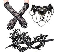 cadelon 3pcs Masquerade Ball Masks Set: Enchanting Black Masquerade Mask Set with Elegant Lace Masks, Lace Necklace & Gloves - Perfect for Sexy Carnival or Halloween Party Costumes