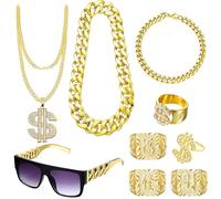 cadelon 90s Gold Digger Costume Kit: 9Pcs Hip Hop Accessories with Fake Gold Chain, Money Necklace & Rapper Sunglasses for 80s/90s Fancy Dress Women & Men - Theme Party