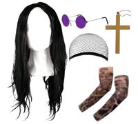 cadelon Osbourne Fancy Dress Accessory Set for Adults - Complete Costume Kit with Long Wig, Round Glasses & Cross Necklace - Perfect for Music-Themed Parties & British Icon Dress-Up Events