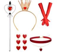 cadelon Queen of Hearts Costume Set for Women - 5Pcs Red Queen Accessories Include Crown Headband, Heart Wand, Earrings, Necklace, Gloves | Complete Outfit for Carnival, Cosplay & Parties