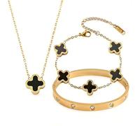 cadelon Women’s 3pcs Four Leaf Clover Jewellery Set: Golden Clover Bracelet, Van Cleef Inspired Bangle & 4 Leaf Clover Necklace for Wedding, Birthday, Daily Wear Gift