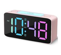 Cadmos Cute Girls Pink Alarm Clock with Dynamic Led Display,Rainbow Night Light,Dual Loud Alarms,Dimmer,USB Charger,12/24hr,Small Size for Bedside Bedrooms,Kawaii Gifts for Kids,Teens Room Decor