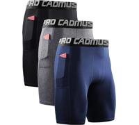 Cadmus 3 Pack Men Compression Gym Running Sports Underwear Base Layer Shorts with Side Pockets,Black & Grey & Navy Blue,3XL