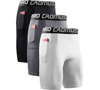 Cadmus 3 Pack Men Compression Gym Running Sports Underwear Base Layer Shorts with Side Pockets,Black & Grey & White,2XL