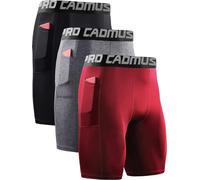 Cadmus 3 Pack Men Compression Gym Running Sports Underwear Base Layer Shorts with Side Pockets,Black & Grey & Red, M
