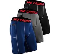 Cadmus 3 Pack Mens Compression Shorts Gym Running Underwear Base Layer Shorts Quick-Drying Fabric with Side Pockets,Black & Grey & Navy Blue,2XL