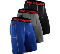 Cadmus 3 Pack Mens Compression Shorts Gym Running Underwear Base Layer Shorts Quick-Drying Fabric with Side Pockets,Black & Grey & Blue,XL