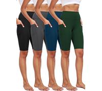 CADMUS 3 Pack Women 9" Biker Compression Short Leggings for Yoga with Big Pockets, 4 Packs: Black+grey+navy Blue+green, L