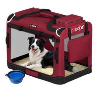 CADOCA Dog Crate Carrier, Car Foldable Travel Cage + Bowl, XL Dark Red | Soft-Sided Fabric Pet Carrier Bag, Breathable Lightweight Portable Car Boot Seat, Mesh Windows, Puppy Kitten Cat, 82x56x58cm