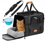 CADOCA® Pet Transport Box for Cats or Small Dogs up to 20 kg | Foldable Carrying Bag with Shoulder Strap & Bowl | Breathable Comfortable Reversible Cushion | Cat Dog Car Carry Cage | Anthracite