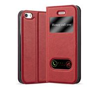 cadorabo Book Case works with Apple iPhone 5 / iPhone 5S / iPhone SE in SAFFRON RED - with Magnetic Closure, 2 Viewing Windows and Stand Function - Wallet Etui Cover Pouch PU Leather Flip