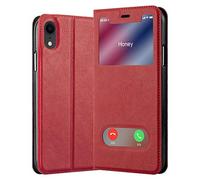 cadorabo Book Case works with Apple iPhone XR in SAFFRON RED - with Magnetic Closure, 2 Viewing Windows and Stand Function - Wallet Etui Cover Pouch PU Leather Flip
