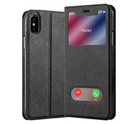 cadorabo Book Case works with Apple iPhone XS MAX in COMET BLACK - with Magnetic Closure, 2 Viewing Windows and Stand Function - Wallet Etui Cover Pouch PU Leather Flip