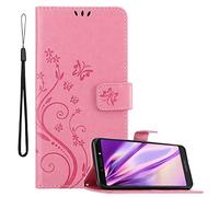 cadorabo Book Case works with Motorola Moto E5 Plus in FLORAL PINK - Cover in Flower Design with Magnetic Closure, Stand Function and 3 Card Slots - Wallet Etui Pouch PU Leather Flip