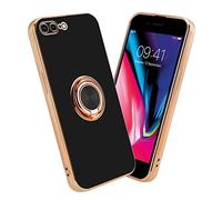 cadorabo Case compatible with Apple iPhone 7 PLUS / 7S PLUS / 8 PLUS in Glossy Black - Gold with ring - Protective cover made of flexible TPU silicone, camera protection, magnetic car holder