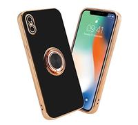 cadorabo Case compatible with Apple iPhone XS MAX in Glossy Black - Gold with ring - Protective cover made of flexible TPU silicone, with camera protection and magnetic car holder