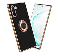 cadorabo Case compatible with Samsung Galaxy NOTE 10 in Glossy Black - Gold with ring - Protective cover made of flexible TPU silicone, with camera protection and magnetic car holder