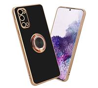 cadorabo Case compatible with Samsung Galaxy S20 in Glossy Black - Gold with ring - Protective cover made of flexible TPU silicone, with camera protection and magnetic car holder