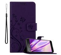 cadorabo Case compatible with Sony Xperia XZ1 COMPACT in FLORAL DARK PURPLE - Protective cover in flower design with magnetic closure, standing function and card slots