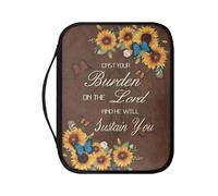 Cadowhimsy Bible Covers with Handle PU Leather Bible Case Church Bible Bag Book Cover Sunflower Butterfly Brown Print Scripture Protector with Zipper Pocket for Prayer
