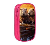 CADREWY Beaver Working3 Print Stylish Pen Pouch Office Travel Supplies Multi-Function Organizer 2 Zipper Pockets, Pink, One Size, Sport