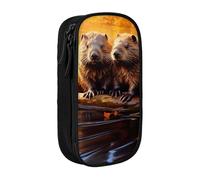 CADREWY Beaver Working3 Print Stylish Pen Pouch Office Travel Supplies Multi-Function Organizer 2 Zipper Pockets, Black, One Size, Sport