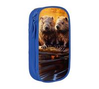 CADREWY Beaver Working3 Print Stylish Pen Pouch Office Travel Supplies Multi-Function Organizer 2 Zipper Pockets, Blue, One Size, Sport