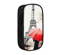 CADREWY Eiffel Tower With Red Umbrella Print Stylish Pen Pouch Office Travel Supplies Multi-Function Organizer 2 Zipper Pockets, Black, One Size, Sport