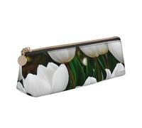 CADREWY Large Capacity White Tulips Print Slim Pencil Case, 8.3 x 2.2 x 2.4 inches, Triangle with Zipper