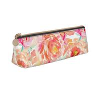CADREWY Peach Peony Print Slim Pencil Case Large Capacity, 8.3 x 2.2 x 2.4 inches, Triangle with Zipper