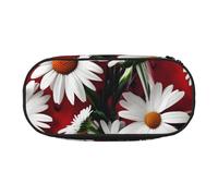 CADREWY - Red flower and white daisy print pencil case, zipper pencil case, daily use, fits all essentials