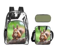 CADREWY Red Squirrel Print Transparent Backpack Set For Women 3-Piece Clear Pen Bag For Hiking Office Commute