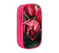 CADREWY Red Tulip Print Stylish Pen Pouch Office Travel Supplies Multi-Function Organizer 2 Zipper Pockets
