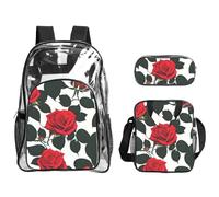 CADREWY Rustic Red Rose Print Transparent Backpack Set For Women 3-Piece Clear Pen Bag For Hiking Office Commute