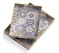 Cadroger Set of 2 Rectangular Decorative Trays - Modern Blue Plastic Serving Trays with Handles, Bohemian Style Coffee Table Tray for Living Room, Bathroom, Kitchen, Bedroom