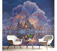 CAEITLRSO 3D Panoramic Orange Purple Wallpaper Murals, Fantasy Healing Scenery Silk Wall Murals, Dream Ancient Tree Village, Living Room Kitchen Dining Room Bedroom Wallpaper 200x140cm (W x H)
