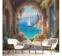 CAEITLRSO 3D Panoramic Wallpaper Mural,250x175cm Mediterranean Style Photo Wallpaper Silk Print Design, Wildflowers Sailboats The Sea Decoration for Bedroom Living Room Corridor Dorm, Sea Blue