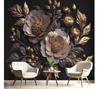 CAEITLRSO 3D Panoramic Wallpaper Mural,350x256cm Dark Embossed Floral Photo Wallpaper Silk Print Design, Gold Leaf Wildflowers Leaves Decoration for Bedroom Living Room Corridor Dorm, Bronze Gold