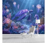 CAEITLRSO 3D Panoramic Wallpaper Mural,350x256cm Fantasy Underwater World Photo Wallpaper Silk Print Design, Sea Turtle Seahorse Coral Decoration for Bedroom Living Room Corridor Dorm, Blue Purple