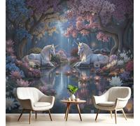 CAEITLRSO 3D Photo Wall Murals, Fantasy Enchanted Forest Wallpaper, Removable Silk Murals for Bedroom Living Bedroom Office Wall Stickers Home Decoration 200x140cm, Romantic Unicorn Water Lily