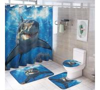 CAEITLRSO 4 Piece Shower Curtain Sets, with 12 Hooks, White Shark Sea Coral Reef with Non-Slip U Shape Mat, Toilet Lid Cover and Bath Mat for Bathroom Decor Set, 180cm X 180cm