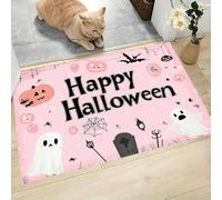 CAEITLRSO Absorbent Happy Halloween Door Mat Non Slip 60x90cm, washable Ghost Tombstone Pumpkin soft flannel carpet, For Bathtub, Bedroom, Kitchen, Washing Table, Light Pink