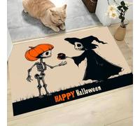 CAEITLRSO Absorbent Retro Happy Halloween Door Mat Non Slip 50x80cm, washable Pumpkin Skeleton Necromancer soft flannel carpet, For Bathtub, Bedroom, Kitchen, Washing Table, Orange And Black