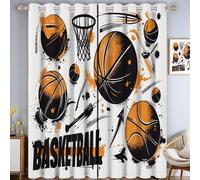 CAEITLRSO Basketball Theme Curtains Decorative Net 100% Light Blocking Grommet Curtain For Villa Living Room, Bedroom Black Orange 2 Panels Set, 90.2 x 90.2 Inch