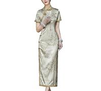 CAEITLRSO Cheongsam Dress for Women Long Dress,Vintage Bamboo Leaf Print Traditional Qipao Mandarin Collar Bodycon Side Slit Dress Elegant Dress,As Show,M
