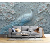 CAEITLRSO Classic Luxury Floral Wallpaper - Relief Peacock Pearl Flower Wall Mural - Silk Wall Murals for Living Room Bedroom - Photo Wallpaper & Home Decor Art - 300x210cm, Gray Blue
