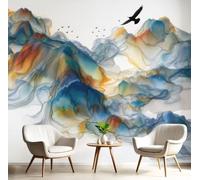 CAEITLRSO Cyan Orange Wallpaper Abstract Oriental Ink Painting Silk Mural Abstract Mountains Flying Birds wear-Resistant Panoramic Mural for Bedroom Living Room Cabinets 450x315cm