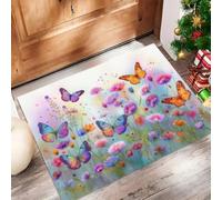 CAEITLRSO Door Mats Indoor 45x75cm, Dream Garden Machine Washable Low Profile Doormat, Watercolor Butterfly Daisy Absorbent Non Slip Floor Mat, Welcome Entrance rug, Purple